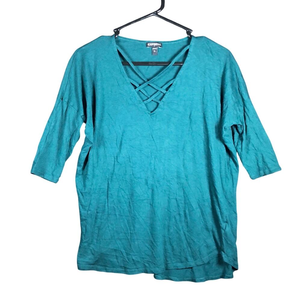 Express Womens Shirt Dark Teal 3/4 Sleeve Open Cross Chest Modal Blend Small